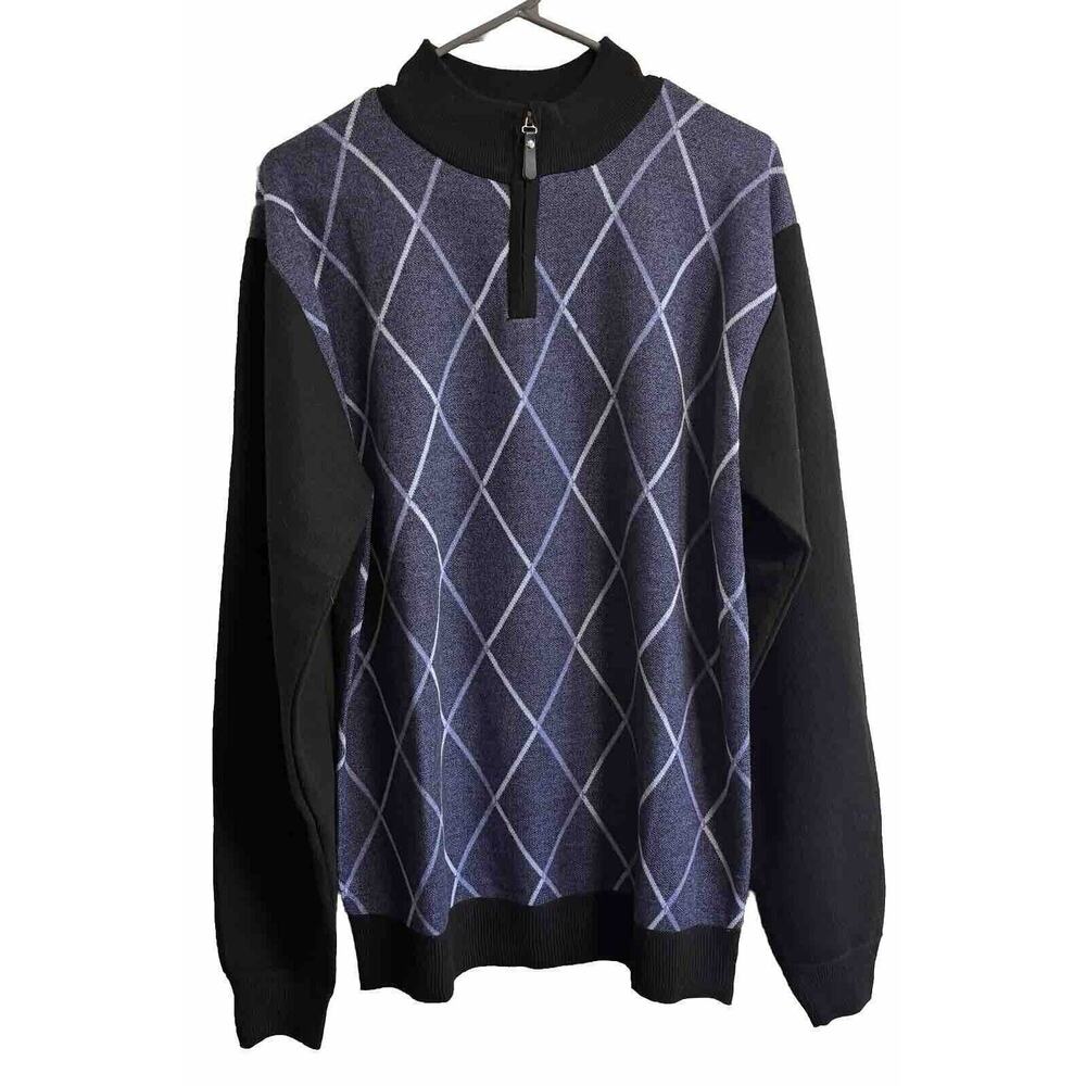 Argyle Sweater Mens Size Large 1/4 Zip Preppy Blue Black Grandpa Coastal NWOT